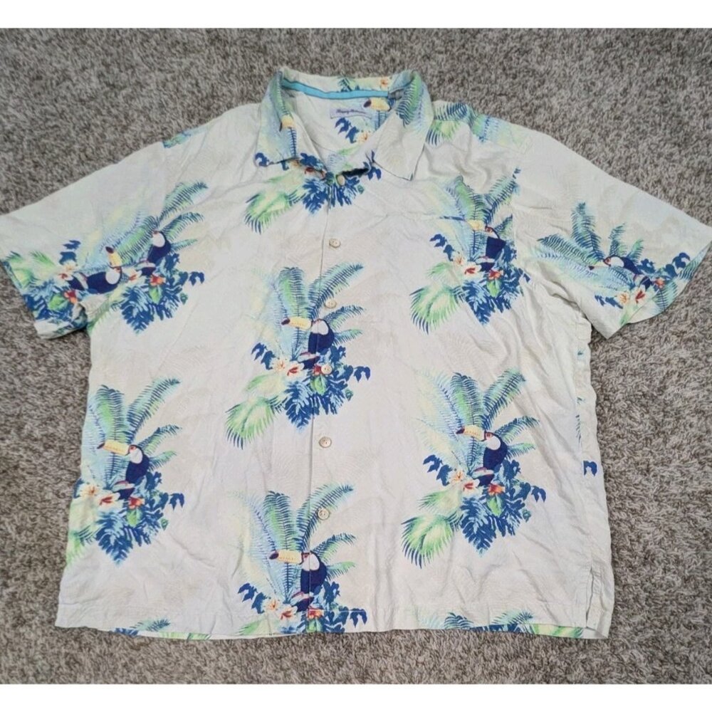 Tommy Bahama Camp Shirt Mens 2XL Hawaiian Toucan 100% Silk Loop Collar Button Up